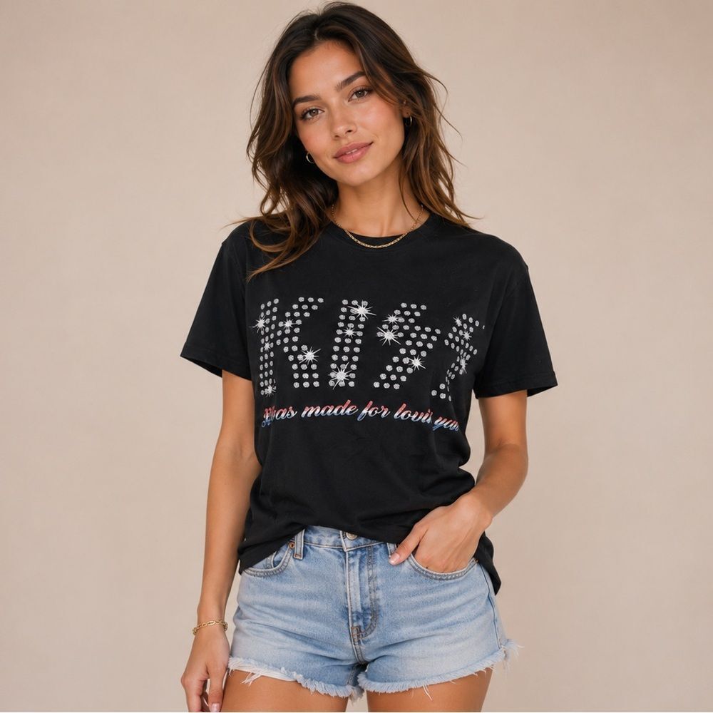 KISS Solid Black Graphic Logo Tee Shirt I was made for loving you 100% Cotton M